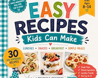 May include: A cookbook titled Easy Recipes Kids Can Make by AdventureAnywhereKid. The cover features text, a yellow banner for ages 8-14, and three photos showing tortilla wraps, a yogurt parfait with berries, and mini pizzas. It includes 30 recipes.