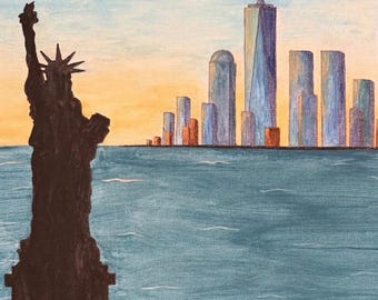 Original NYC Skyline Acrylic Painting, Statue of Liberty Cityscape Art (11x14)