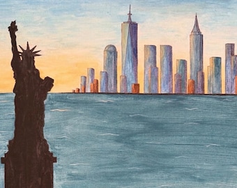 Original NYC Skyline Acrylic Painting, Statue of Liberty Cityscape Art (11x14)