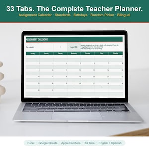 May include: A laptop screen displaying a digital teacher planner with an assignment calendar for August 2026. The interface features 33 tabs, including sections for standards, birthdays, and a random picker, compatible with Excel, Google Sheets, and Apple Numbers.