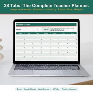May include: A laptop screen displays a digital teacher planner titled Assignment Calendar for August 2026. The text 38 Tabs. The Complete Teacher Planner. Assignment Calendar, Standards, Contact Log, Random Picker, Bilingual is visible.