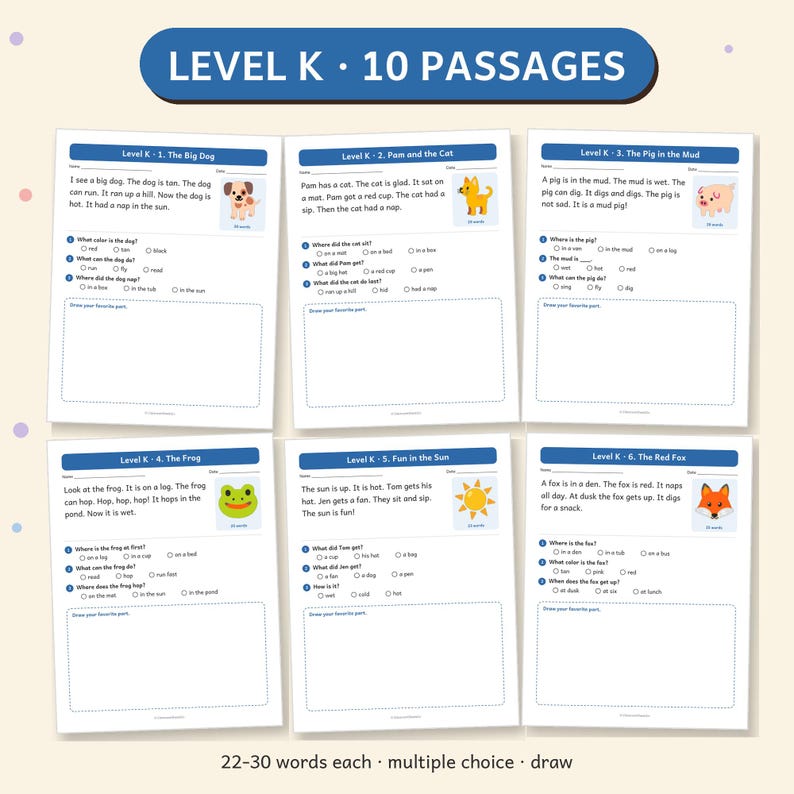 Reading Comprehension Passages, Levels K 1 and 2 for K-2 Readers, Short ...