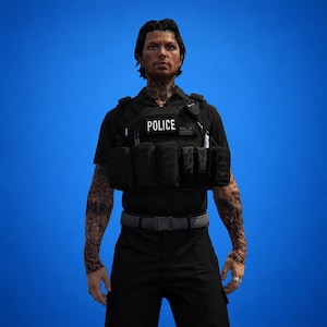 May include: A person with dark hair and neck and arm tattoos wearing a black short-sleeved shirt, black tactical vest with the word POLICE in white text, a grey belt, and black trousers. The person has a radio microphone attached to the vest.