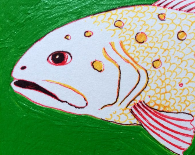 Grass green fish acrylic painting on gray archival paper.