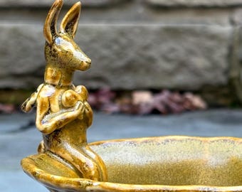 Rabbit bowl. Hand-Built Clay Vessel Sculpture: Glazed Decorative Bowl with Figure (3x5x5.5")