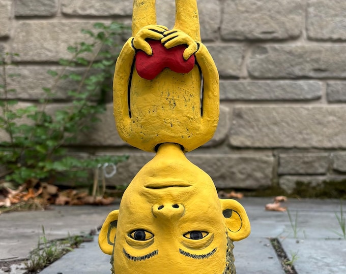 goblin boy on cloud , sculpture, figurative ceramics