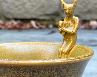 Hand-Built Clay Vessel Sculpture: Glazed Decorative Bowl with Figure (3x5x5.5")