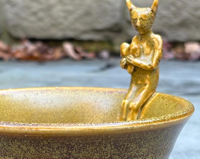 Hand-Built Clay Vessel Sculpture: Glazed Decorative Bowl with Figure (3x5x5.5")