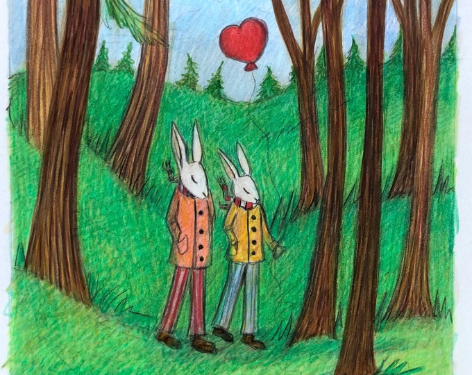 Rabbits walking through woods. Carrianne Hendrickson,  Original drawing