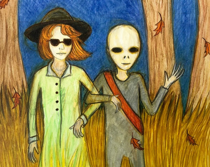 Girl talking a walk with her extraterrestrial friend.