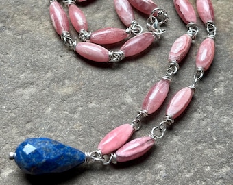Rhodochrosite, sterling silver and lapis necklace.