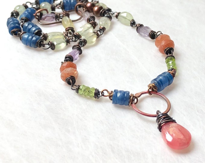 Rhodochrosite, mixed gemstone and copper necklace.