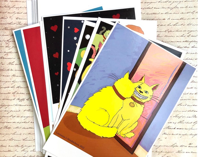 Set of 8 humorous large flat cards, cat cards, dog cards, greeting cards