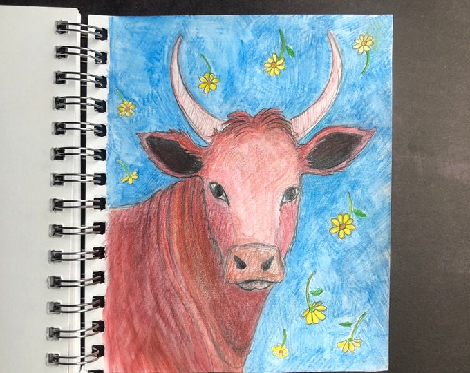 Pink bull drawing, original drawing, watercolors