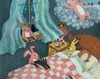 Pink rabbit dream, unframed print, signed archival Giclee print by Carrianne Hendrickson