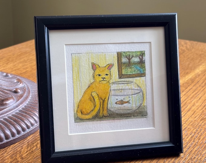 Cat watching fish in bowl. Original drawing.