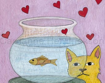 Cat admiring pet fish.