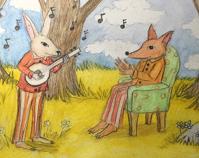 Original color pencil sketch of fox and rabbit