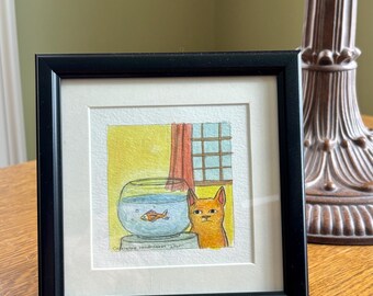Cat watching fish in bowl. Original drawing.