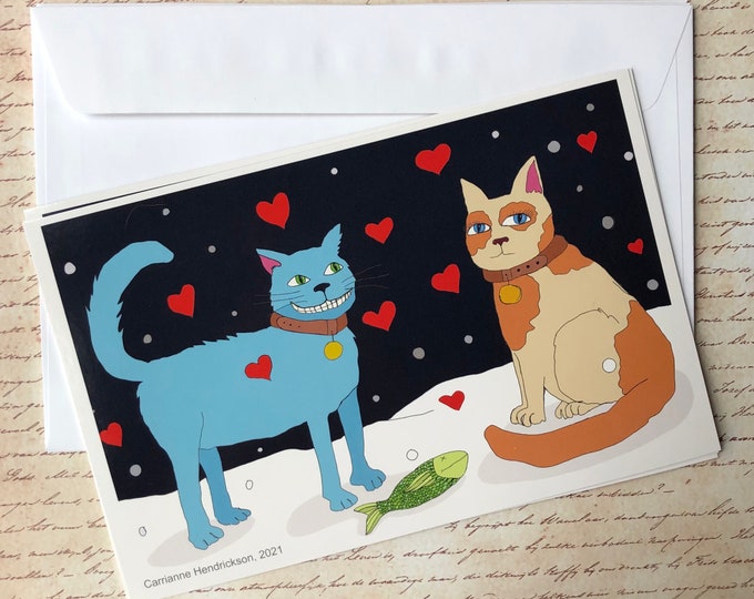 Set of 4 Cat art cards with envelopes, set of 4 8.5 x 5.5” blank note card