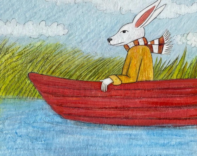 Rabbit in little red boat drifting.