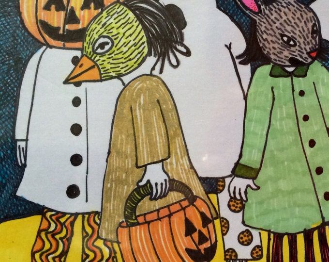 Trick or treating figures on Halloween night original ink drawing on bright white archival paper.