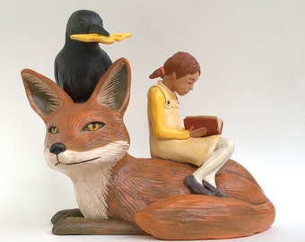 Fox and crow, clay art, ceramic sculpture