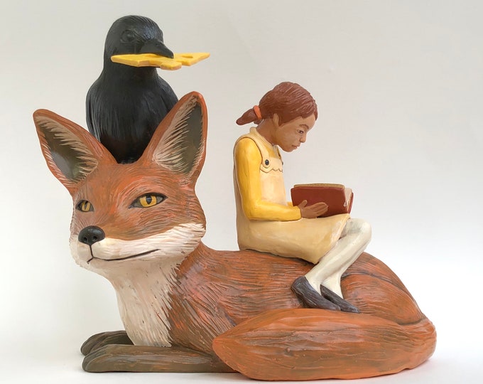 Fox and crow, clay art, ceramic sculpture