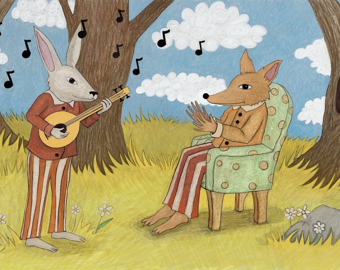 Fox and rabbit, unframed print,  signed Giclee print by Carrianne l Hendrickson