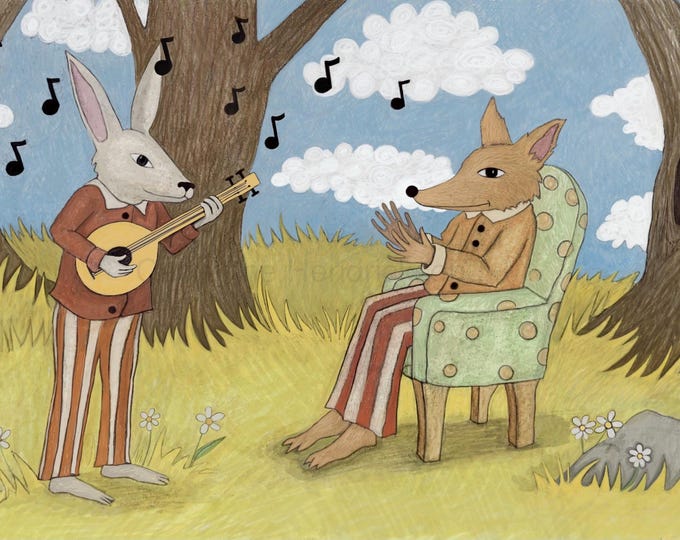 Fox and rabbit, unframed print,  signed Giclee print by Carrianne l Hendrickson