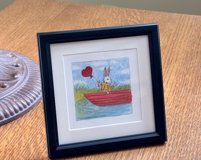 Rabbit drifting in boat. Original drawing.