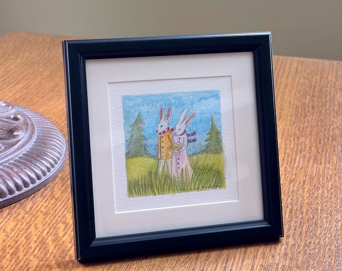 Rabbit friends walking. Original drawing.