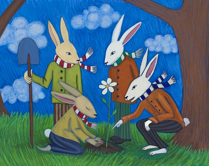 Rabbits planting a flower, unframed print, signed archival Giclee print by Carrianne Hendrickson