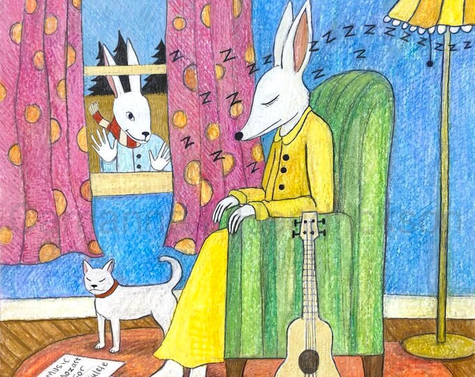 Rabbit playing ukulele, unframed print,signed archival Giclee print by Carrianne l Hendrickson