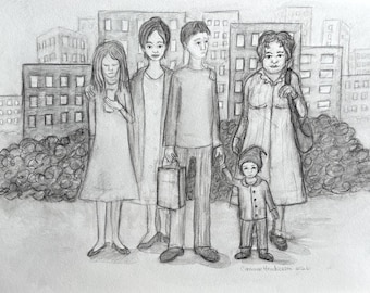 Original pencil drawing of people at a bus stop.