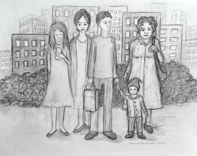 Original pencil drawing of people at a bus stop.