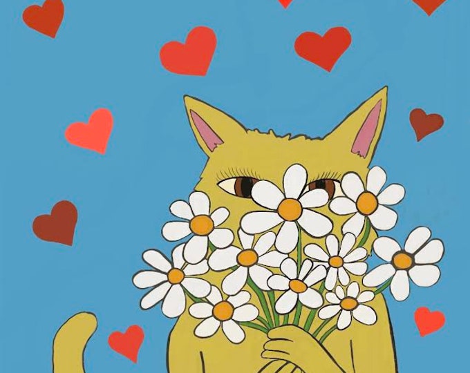 Valentine cat with flowers, unframed print, tiny signed archival Giclee print by Carrianne Hendrickson