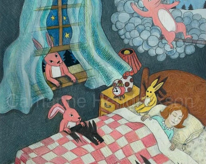 Pink rabbit dream, unframed print, signed archival Giclee print by Carrianne Hendrickson