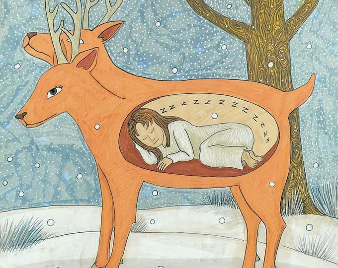 Deer girl sleeps, unframed signed archival Giclee print by Carrianne Hendrickson