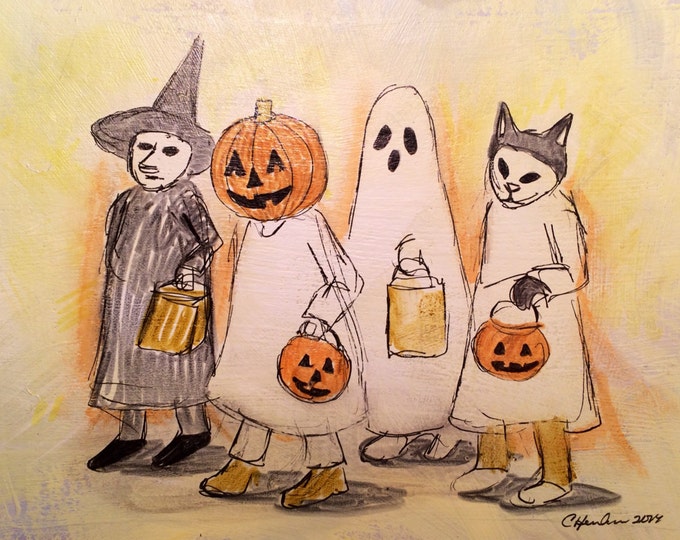 Halloween trick or treaters walking original drawing in India ink on acrylic painted archival mattboard.