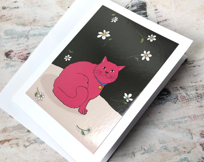 Cat with floating daisies card, folded blank notecard, card with envelope.