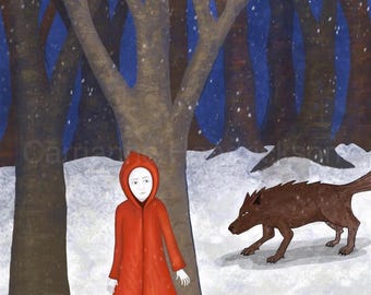 Giclee signed print, Red Riding Hood and the Wolf. Signed Red Riding Hood Giclee Print.