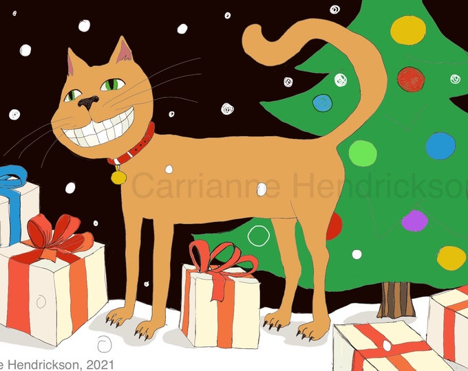 Set of 4 Holiday cat large art postcards with envelope.