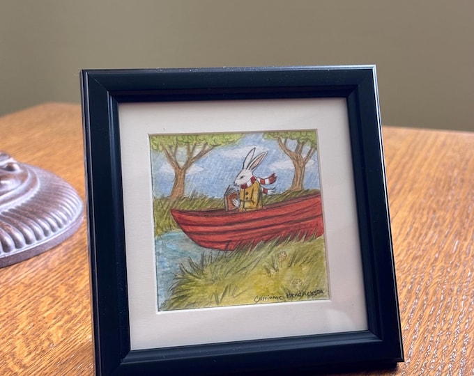 Rabbit sailing in boat. Original drawing.