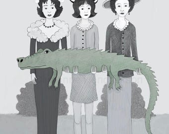 Women holding crocodile, unframed print, signed Giclee art print.