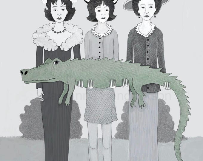 Women holding crocodile, unframed print, signed Giclee art print.