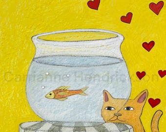 Cat watching goldfish.