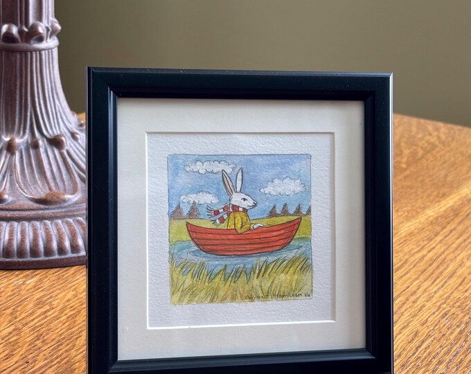 Rabbit drifting in boat. Original drawing.