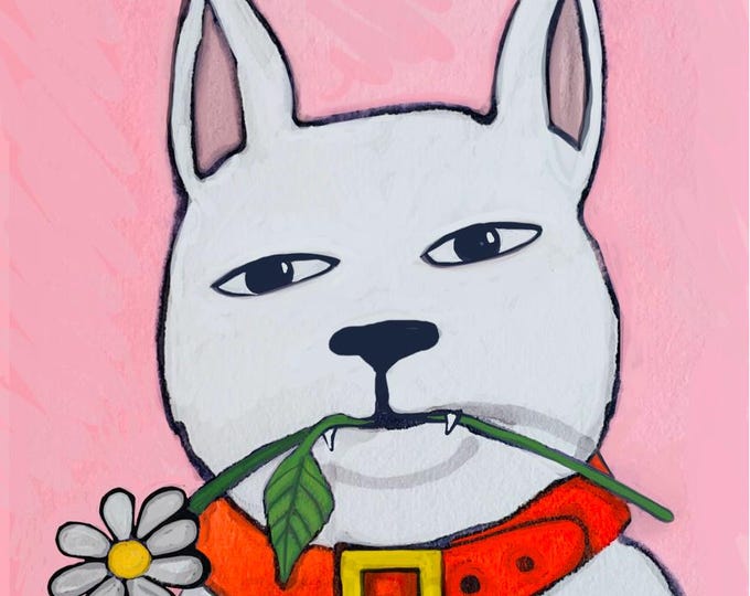 Dog holding daisy.