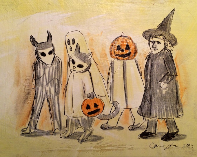 Halloween trick or treaters walking original drawing in India ink on acrylic painted archival mattboard.